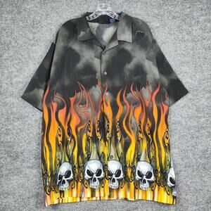 MT:2 Shirt Mens XL Multicolor Skull Flames Button Up Camp Collar Graphic Biker